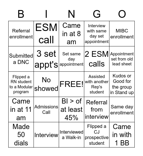 Admissions Bingo  Bingo Card