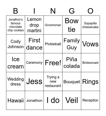 Jess’s Bridal Shower Bingo Card
