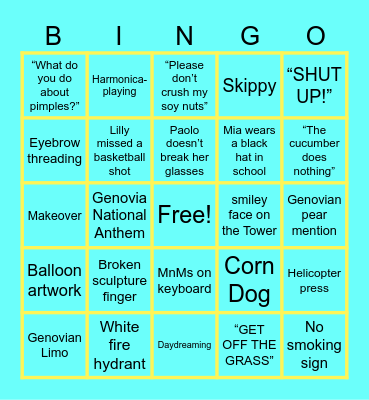 Princess Diaries Bingo Card