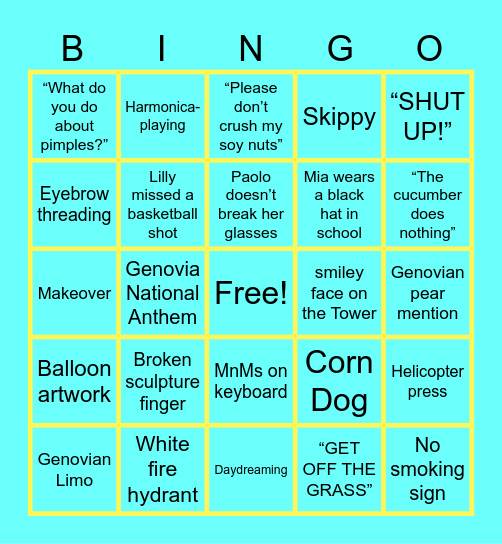 Princess Diaries Bingo Card