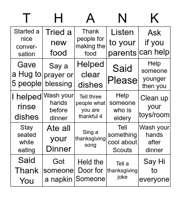 Cub Scout Thanksgiving Bingo Card