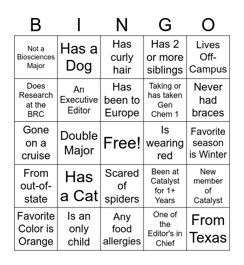 Catalyst Workshop 2025 Bingo Card