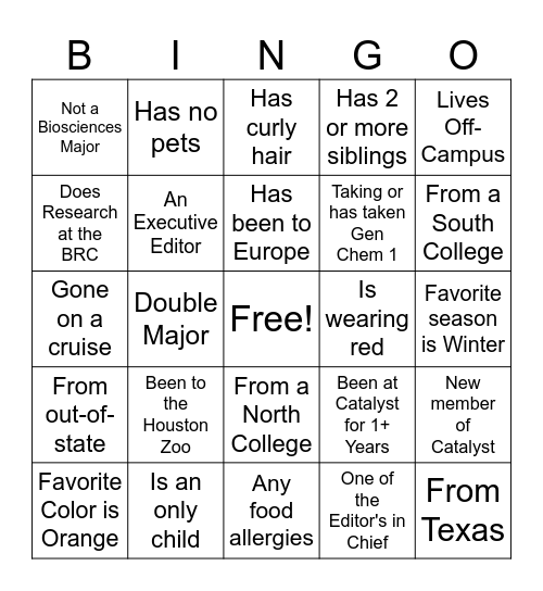 Catalyst Workshop 2025 Bingo Card