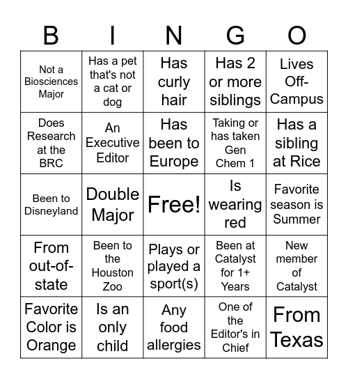 Catalyst Workshop 2025 Bingo Card