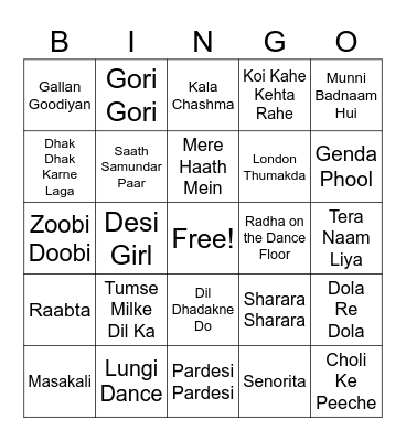 Bollywood Songs Bingo Card