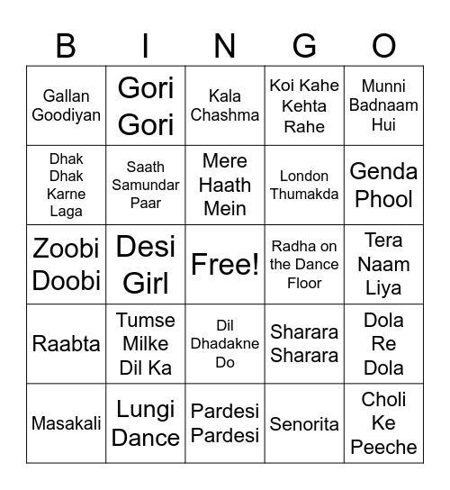 Bollywood Songs Bingo Card