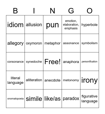 Figurative Language Bingo Card