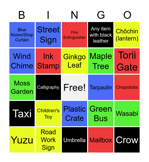 Coloured Items! Bingo Card