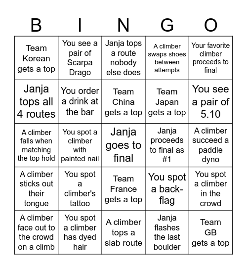 Women Boulder Championship Bingo Card