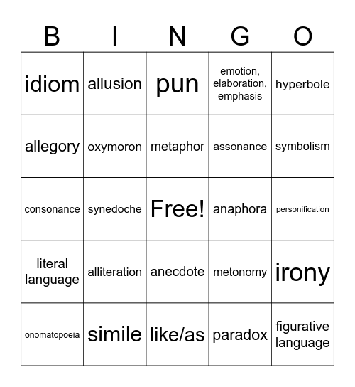 Figurative Language Bingo Card