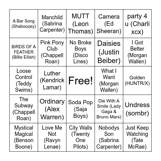 Musical Bingo: Today's Hits Bingo Card
