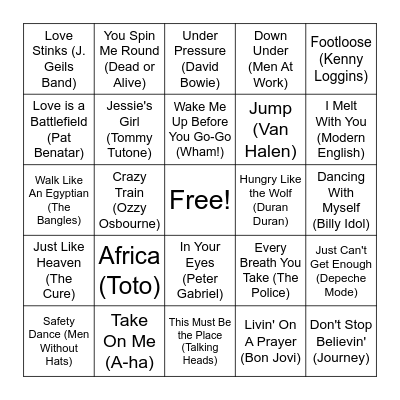 Musical Bingo: 80s Bingo Card