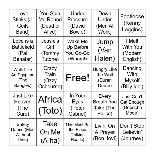 Musical Bingo: 80s Bingo Card
