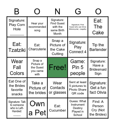 Wedding BONGO Bingo Card