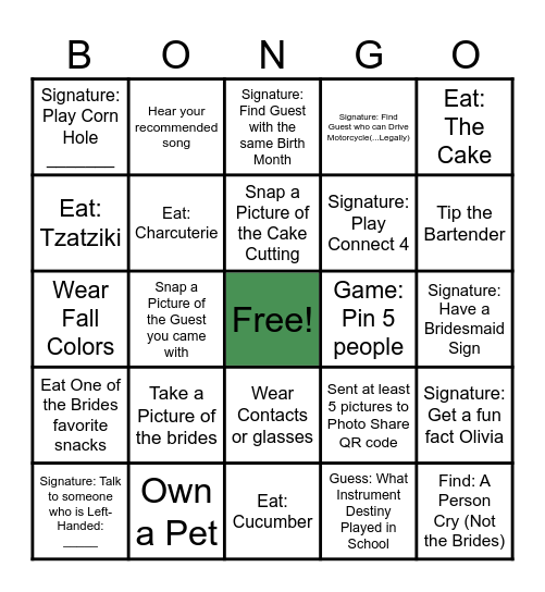 Wedding BONGO Bingo Card