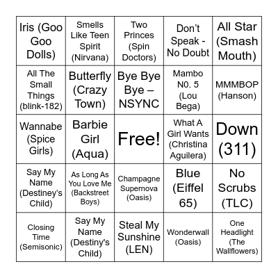 Musical Bingo: 90s Bingo Card
