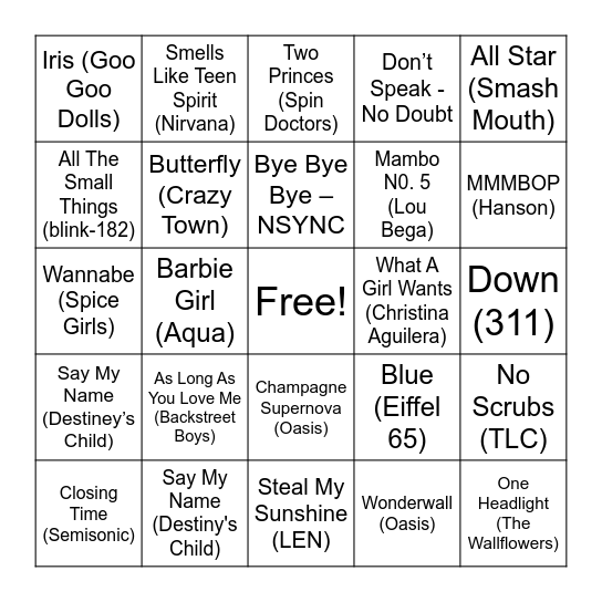 Musical Bingo: 90s Bingo Card