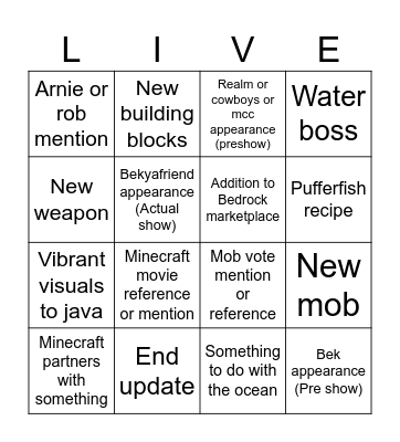 MINECRAFT LIVE Bingo Card