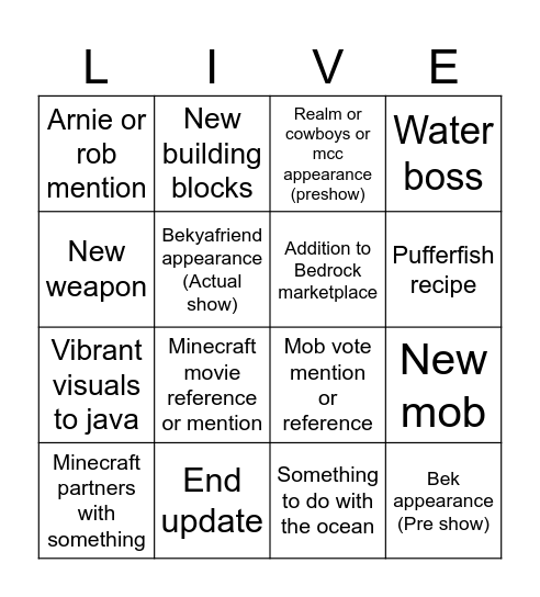 MINECRAFT LIVE Bingo Card