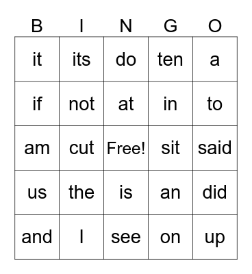 Sight Words Bingo Card