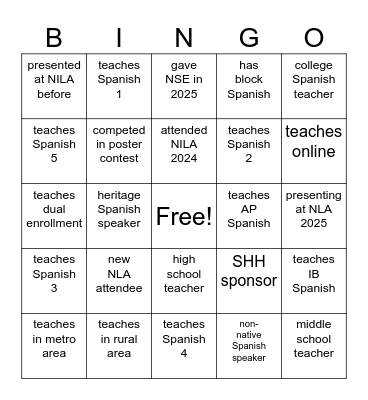 NATSP @NLA Bingo Card