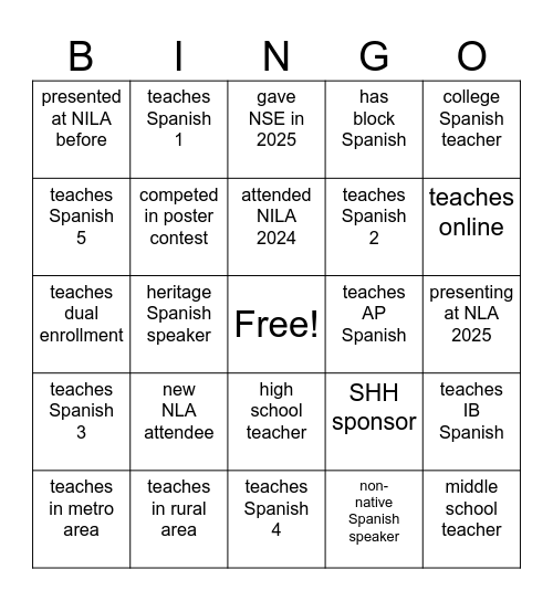 NATSP @NLA Bingo Card