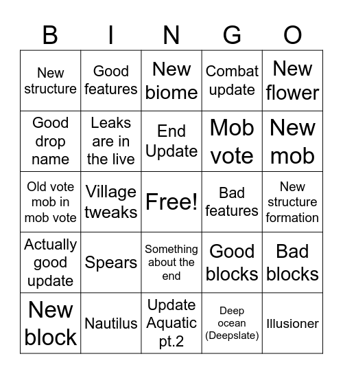 Minecraft Live Bingo Card