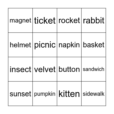 Two Syllable Crossword Bingo Card