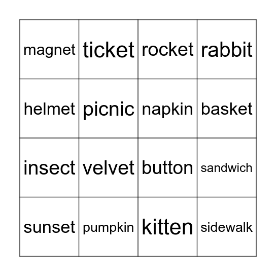 Two Syllable Crossword Bingo Card