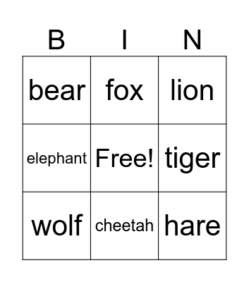 Animals Bingo Card