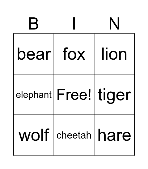 Animals Bingo Card