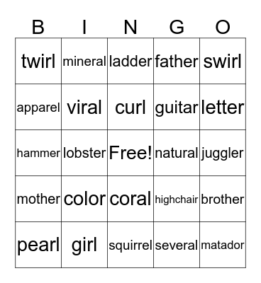R Words Bingo Card
