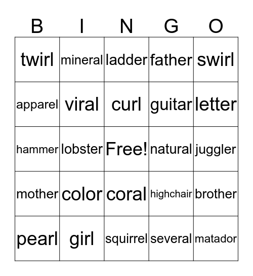 R Words Bingo Card