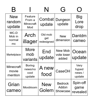 Minecraft Live Watchparty Bingo Card