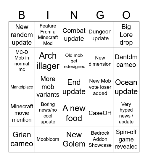 Minecraft Live Watchparty Bingo Card