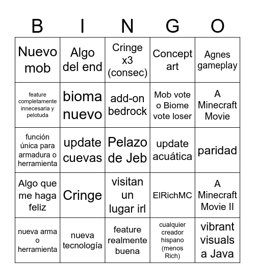 Minecraft Live September 2025 Bingo Card