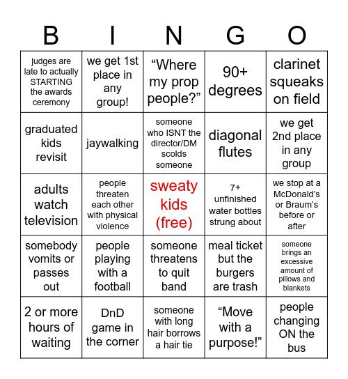 Marching Competition Bingo Card