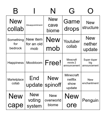 Minecraft Live Bingo Card