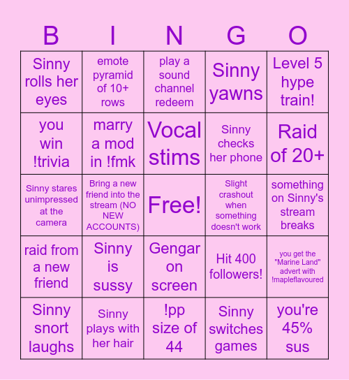 Sinny's Bday Shenanigans Bingo Card