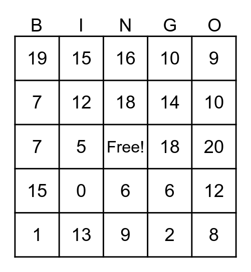 ASL Numbers 1-20 Bingo Card