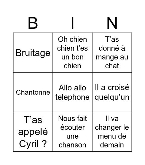 Yannick Bingo Card
