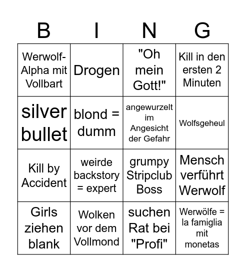 Strippers vs Werewolves Bingo Card