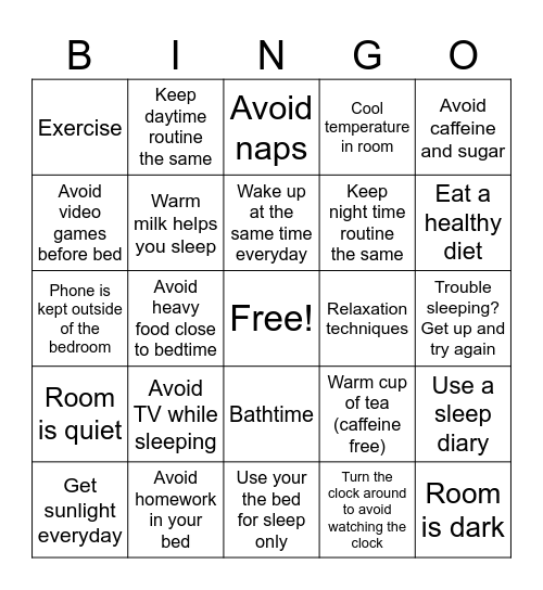 Good Sleep Hygiene Bingo Card