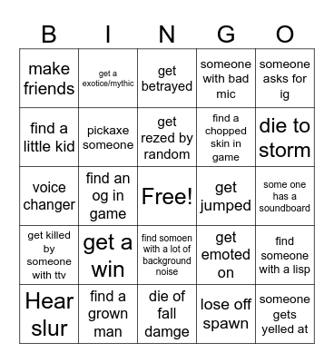 Fortnite Bingo Card
