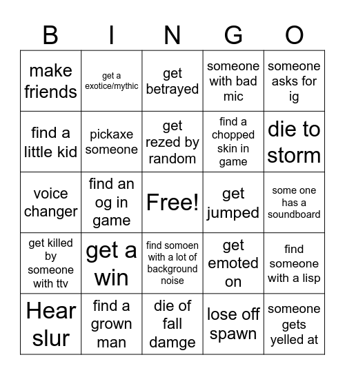 Fortnite Bingo Card