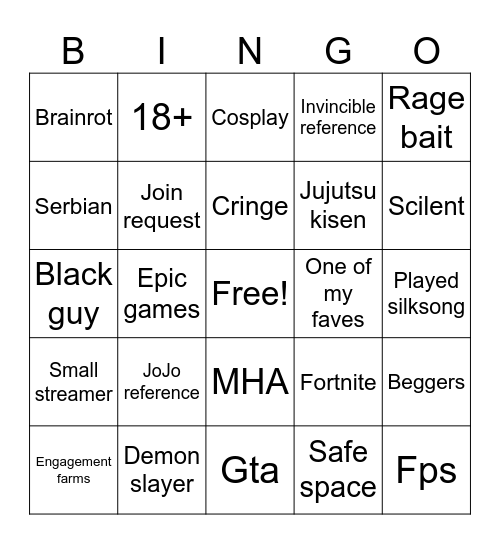 Streams Bingo Card