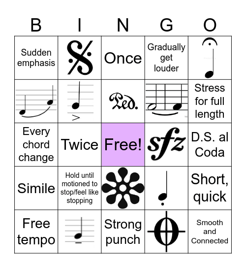 Musical Terminology Piano Bingo Card