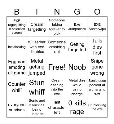 Sonic.exe Outcome Memories Bingo Card