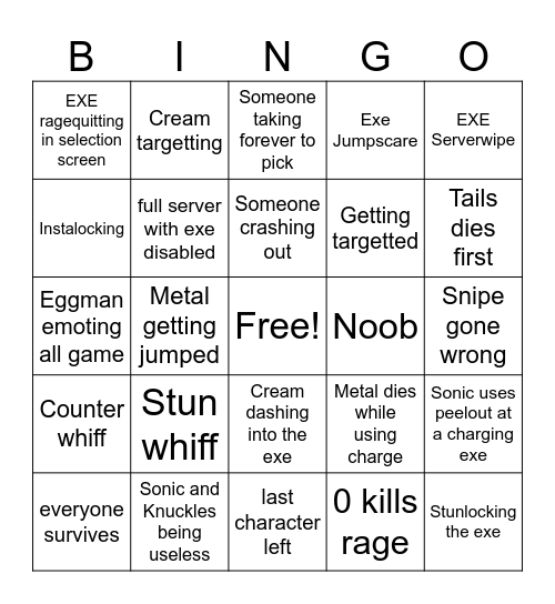 Sonic.exe Outcome Memories Bingo Card