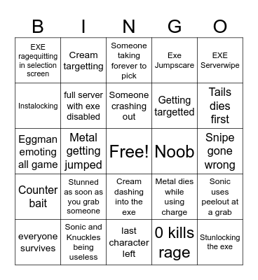 Sonic.exe Outcome Memories Bingo Card